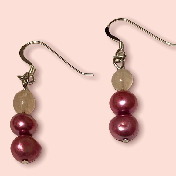 HAND CRAFTED Earrings Pearl & Rose Quartz Red Pink Authentic Pierced Silver - Picture 1 of 9